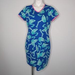 Three Friends Blue Pink Flamingo Cotton Blend Short Sleeve Summer Dress L